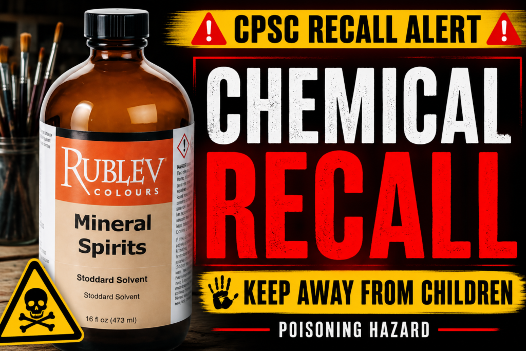 Rublev Colours Recall warning image showing recalled Mineral Spirits bottle with child poisoning hazard warning
