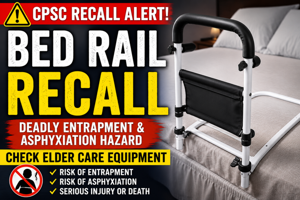 Svnntaa Bed Rail Recall warning image showing recalled adult portable bedside support rail sold on Amazon