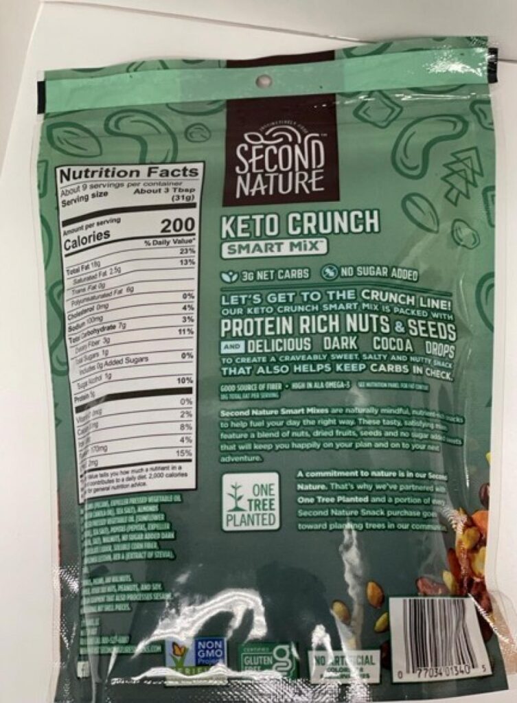 Second Nature Keto Crunch Smart Mix recalled snack pouch back label showing UPC and best by date for undeclared allergen recall
