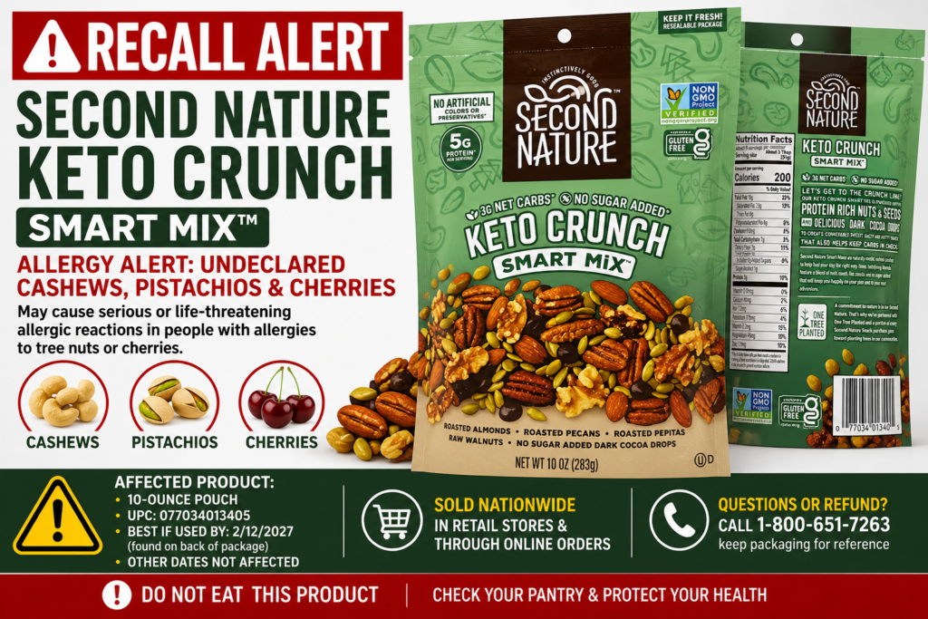 Second Nature Keto Crunch Recall 2026 warning graphic showing recalled Keto Crunch Smart Mix due to undeclared cashews pistachios and cherries allergy risk