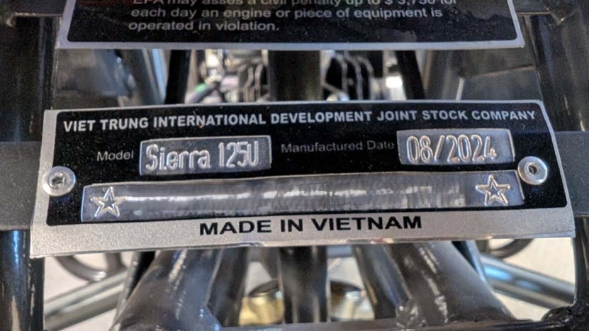 Sierra 125U VIN plate showing where to find the model name on the recalled Lil Pick Up youth ATV