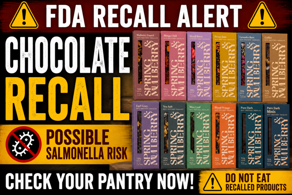 Spring & Mulberry Chocolate Recall warning image showing recalled specialty chocolate bars affected by possible Salmonella contamination