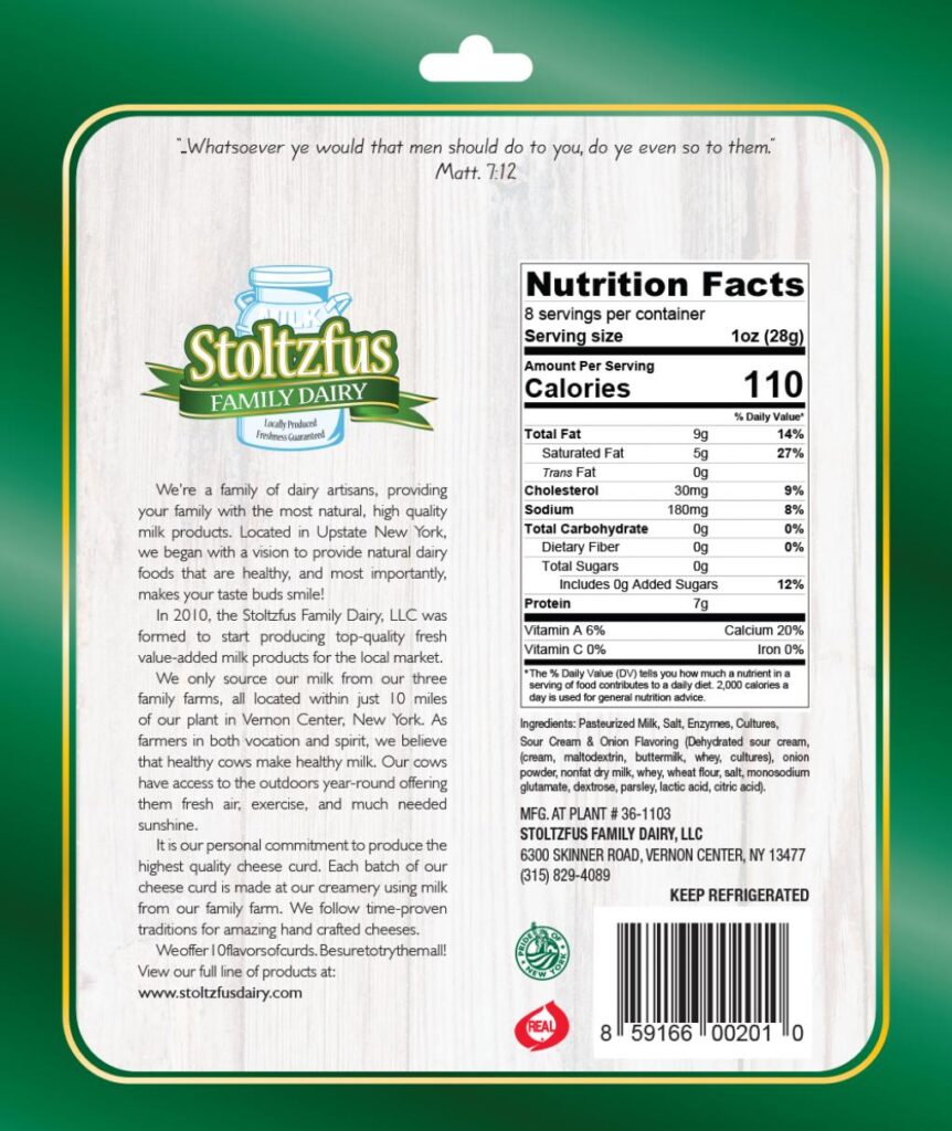 Back label image of recalled Stoltzfus Family Dairy Sour Cream and Onion Cheese Curds showing nutrition and ingredient information