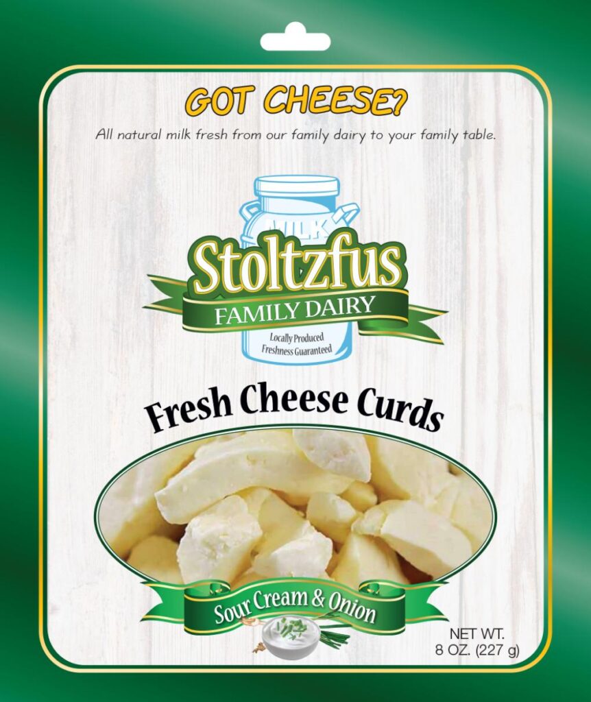 Front package image of recalled Stoltzfus Family Dairy Sour Cream and Onion Cheese Curds 8 ounce bag