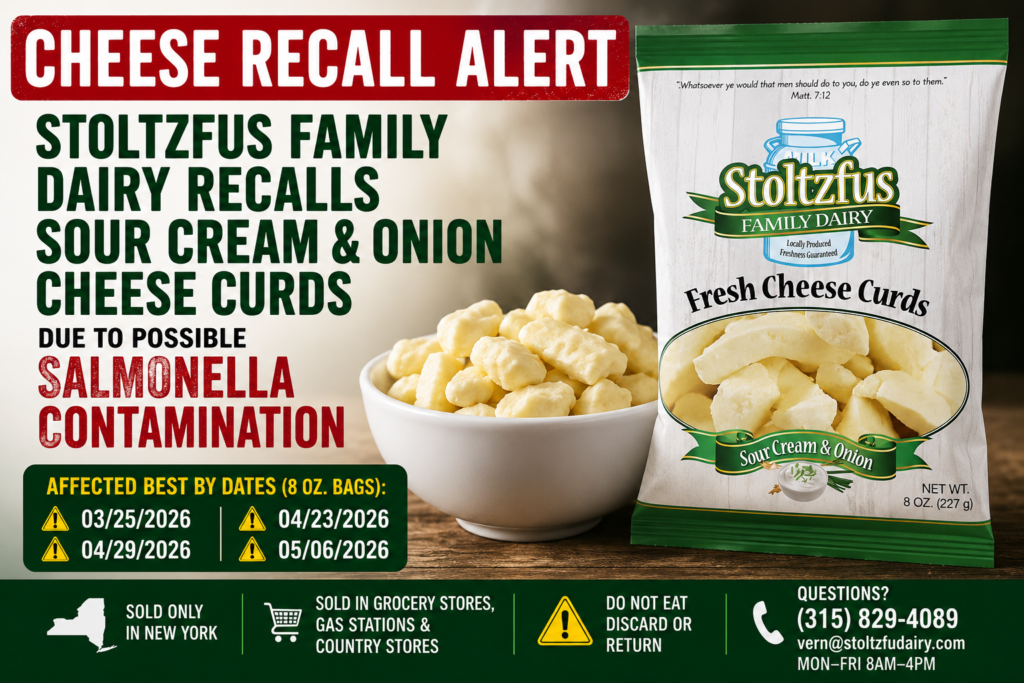 Cheese Recall warning image showing Stoltzfus Family Dairy Sour Cream and Onion Cheese Curds recalled over Salmonella contamination risk