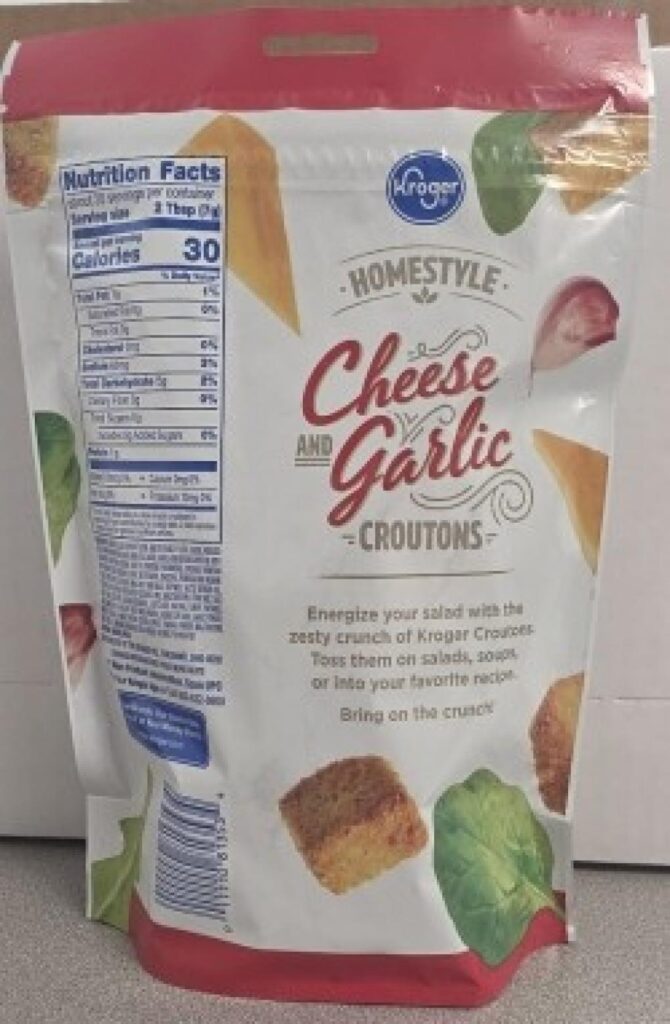 Kroger croutons recall showing back label and nutrition panel for Kroger Homestyle Cheese and Garlic Croutons