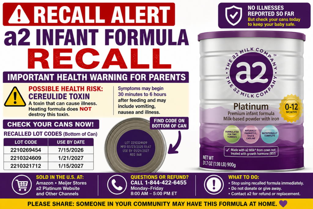 a2 Infant Formula Recall 2026 warning graphic showing recalled a2 Platinum Premium Infant Formula due to possible cereulide toxin health risk for infants