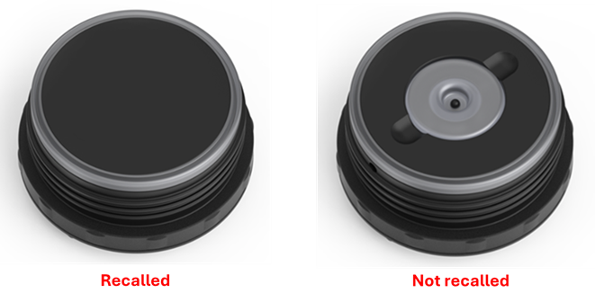 Thermos Food Jar Recall stopper identification image comparing recalled Thermos stopper design to non-recalled pressure relief center stopper