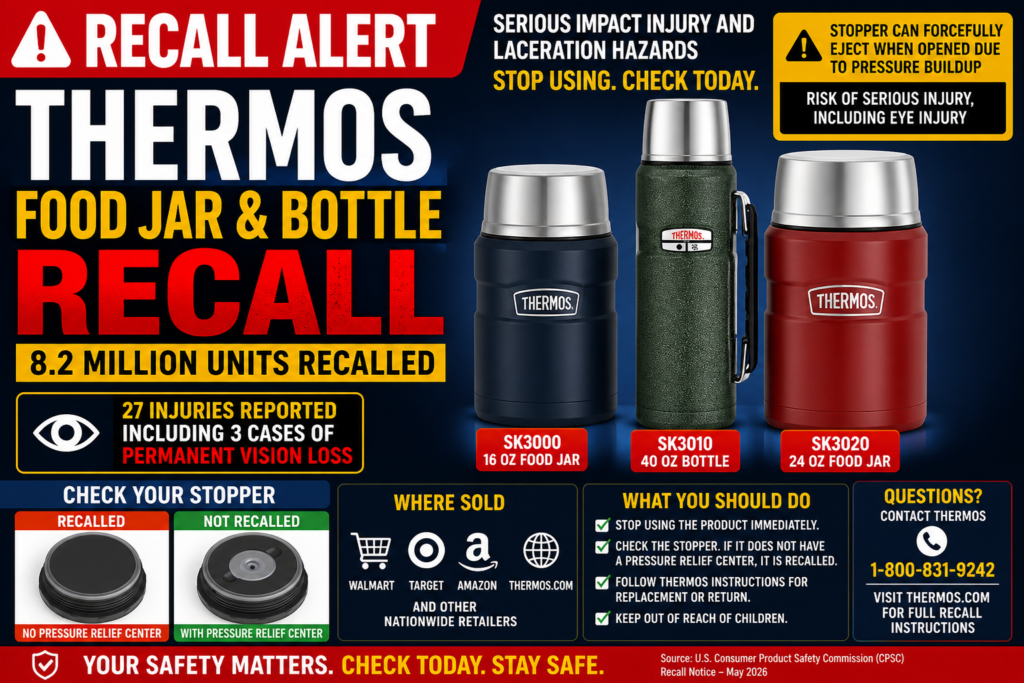 Thermos Food Jar Recall 2026 warning graphic showing recalled Stainless King food jars and bottles due to pressure buildup causing serious impact injuries