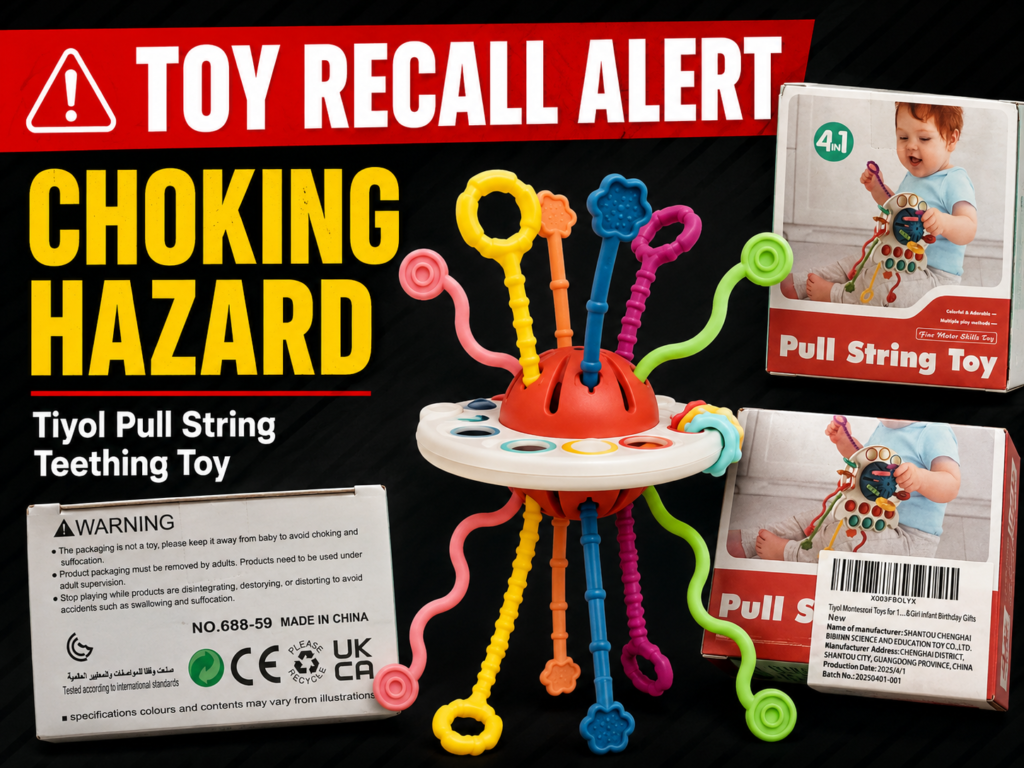 Tiyol Pull String Teething Toy Recall warning graphic showing recalled baby toy and choking hazard alert