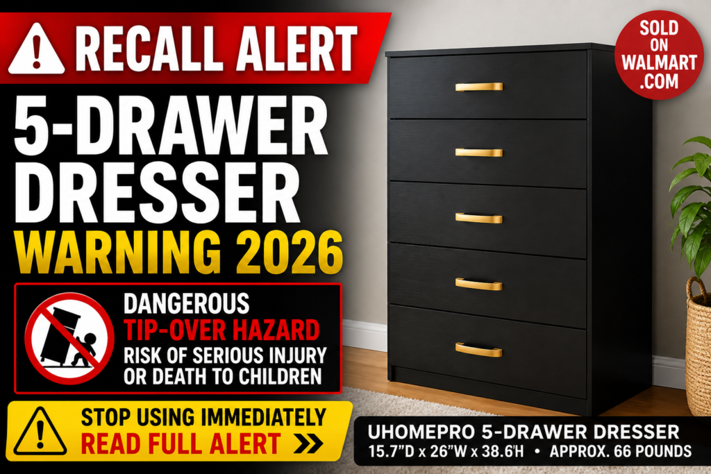 5-Drawer Dresser Warning 2026 warning graphic showing dangerous UHOMEPRO 5-drawer dresser tip-over hazard