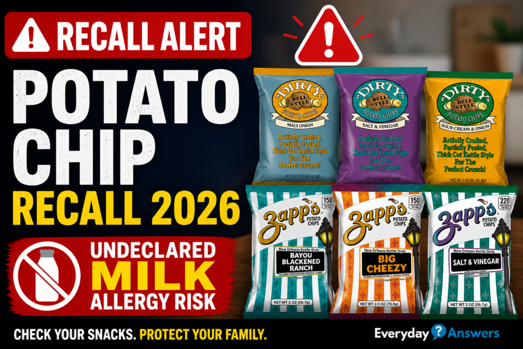 Potato Chip Recall 2026 warning graphic showing recalled Dirty and Zapp’s potato chips due to undeclared milk allergen risk