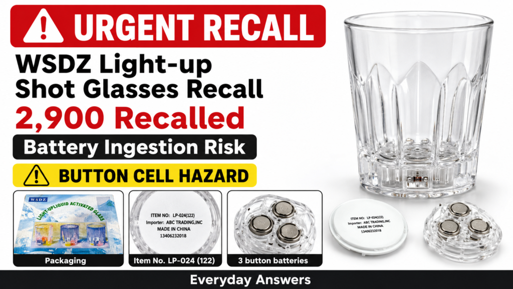 WSDZ light-up shot glasses recall showing the recalled light-up shot glass, battery compartment, and packaging with button battery hazard warning
