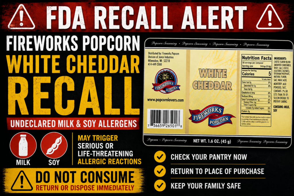 Fireworks Popcorn White Cheddar Recall warning image showing recalled seasoning product linked to undeclared milk and soy allergens