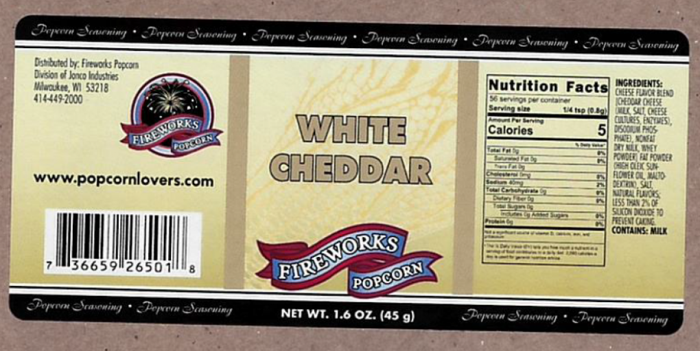 Label of recalled Fireworks Popcorn White Cheddar seasoning product included in FDA allergen recall