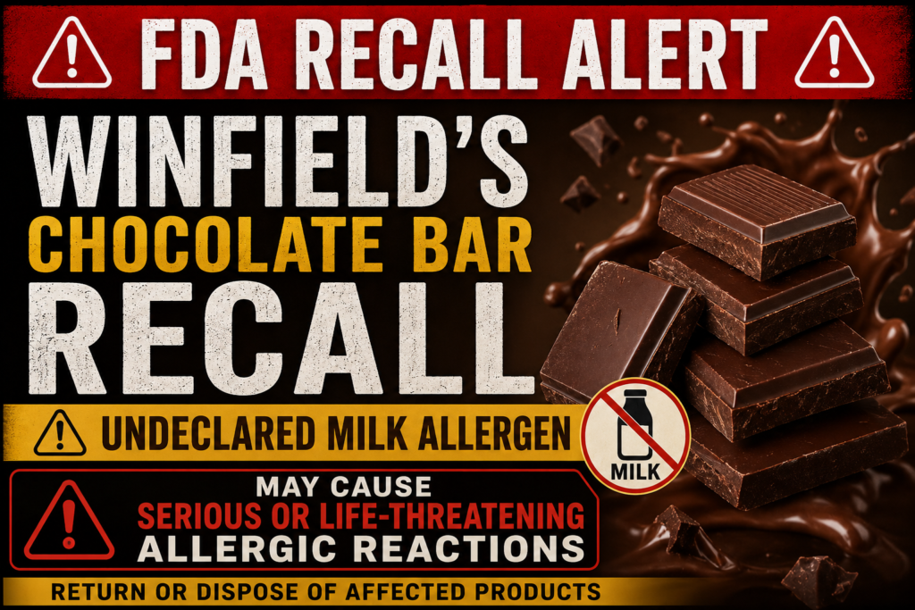 Winfield’s Chocolate Bar Recall warning graphic about undeclared milk allergen risk in dark chocolate products