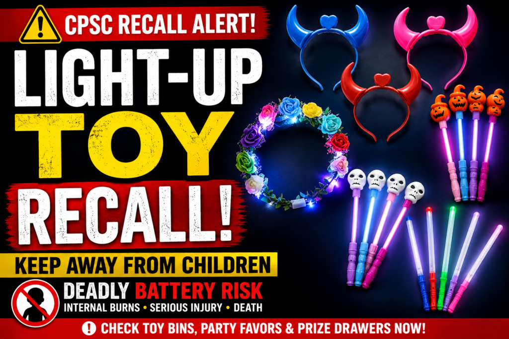 ZMC Light Up Toy Recall warning image showing recalled light-up toys with dangerous button battery hazard for children