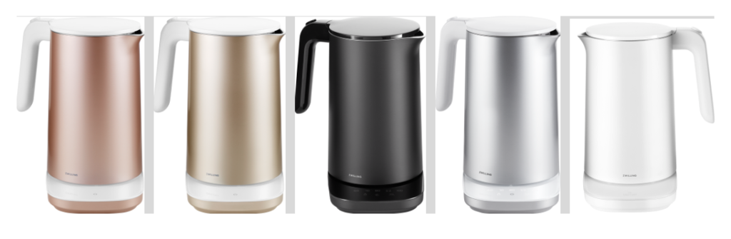 Zwilling electric kettle recall showing multiple recalled ENFINIGY electric kettle colors affected by burn hazard warning