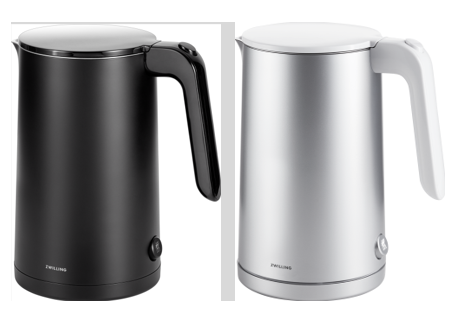Zwilling electric kettle recall image showing recalled ENFINIGY kettle models in black and silver with handle safety concern