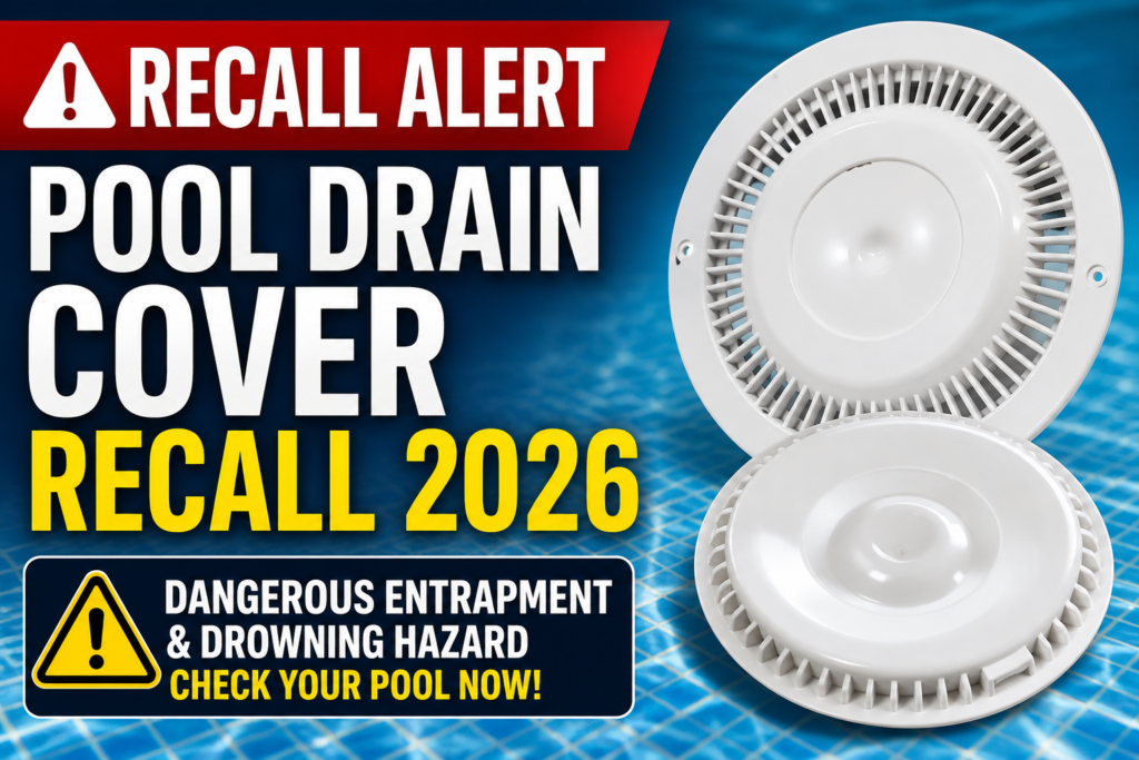 Pool Drain Cover Recall 2026 warning graphic showing recalled Earthtec white pool drain cover due to dangerous entrapment and drowning hazard