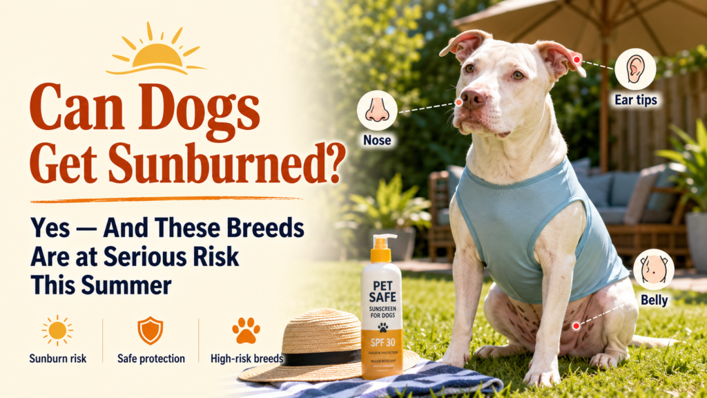 Dog sunburn safety graphic showing a light-colored short-coated dog with sun protection tips for the nose, ears, and belly
