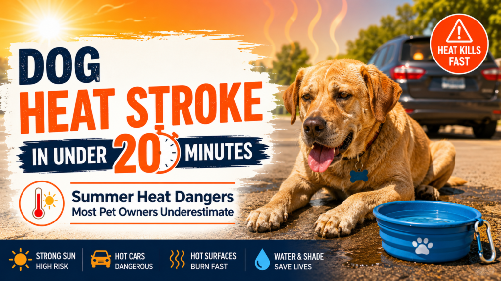 Dog heat stroke summer safety tips showing a dog, hot pavement, water bowl, and heat warning signs