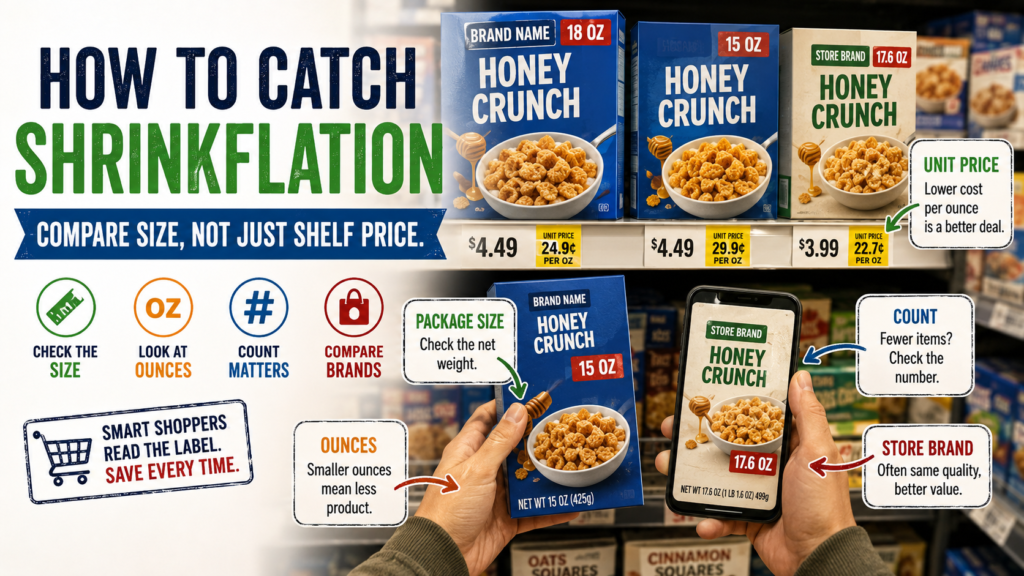 Shrinkflation checklist showing smaller packages for snacks, cereal, frozen food, paper towels, and pet food