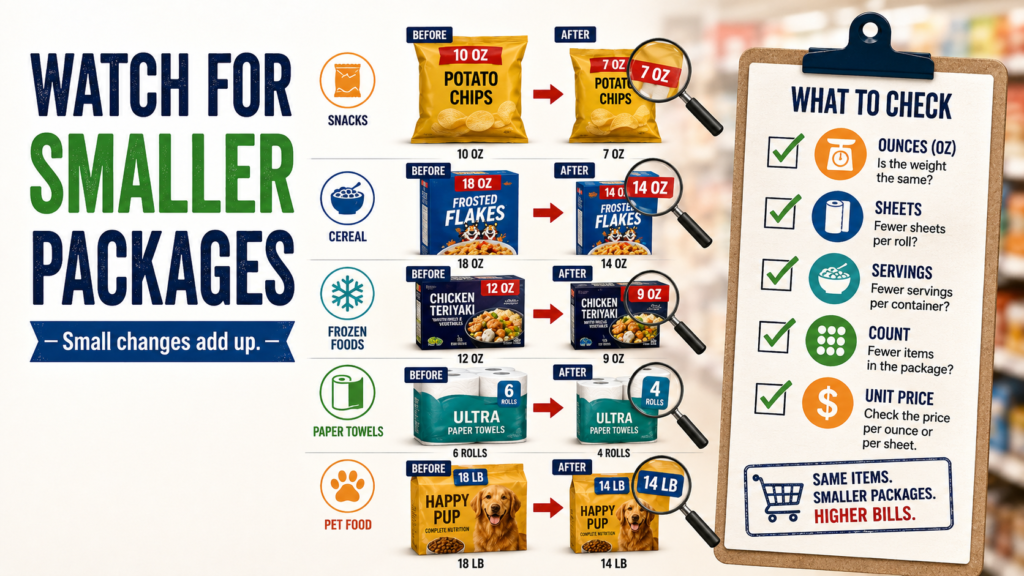 Unit price comparison showing smaller cereal, chips, and coffee packages with higher cost per ounce