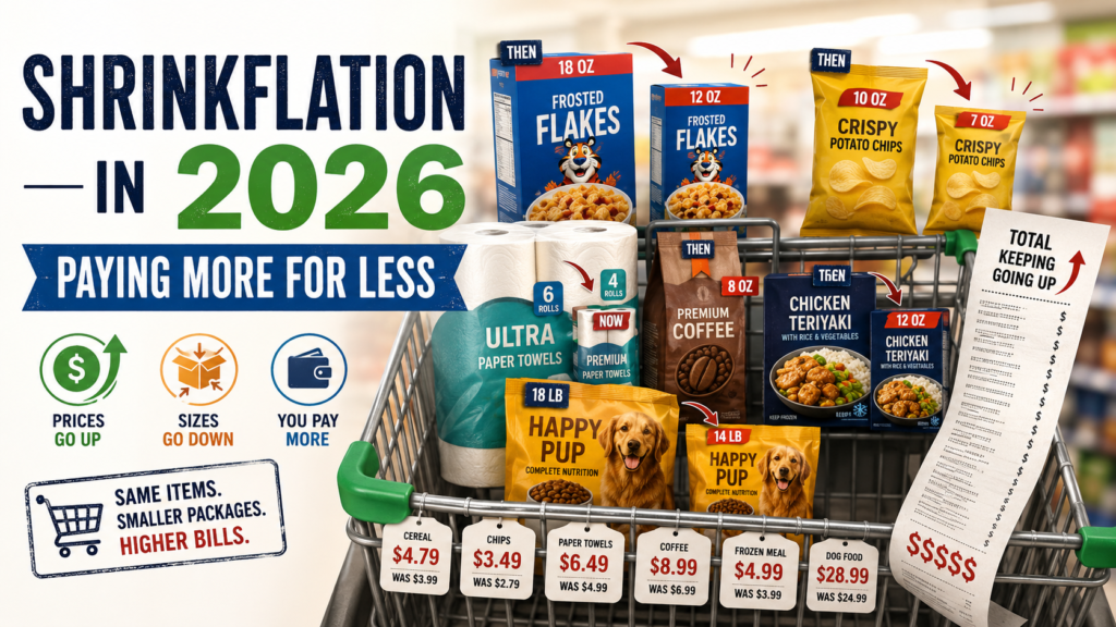 Shrinkflation in 2026 grocery cart showing smaller packages, higher prices, and paying more for less